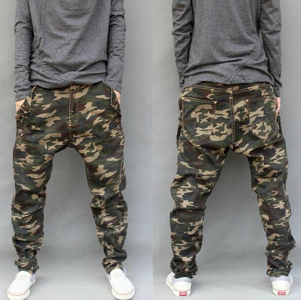 Mens CAMO Casual Harem Trousers Tapered Baggy Pants Drop Crotch